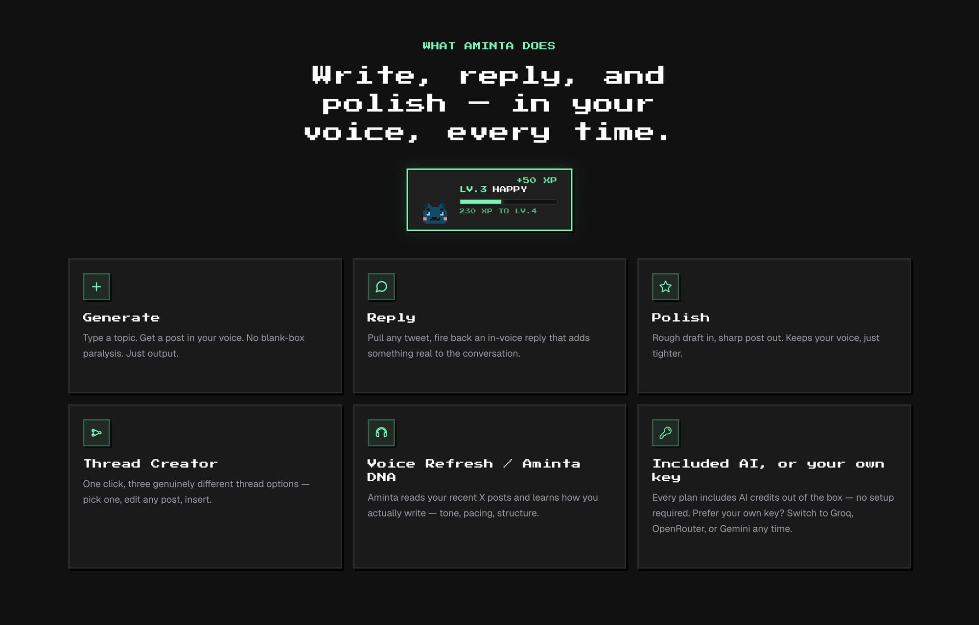 Feature grid: Generate, Reply, Polish, Thread Creator, Voice Refresh and Included AI.