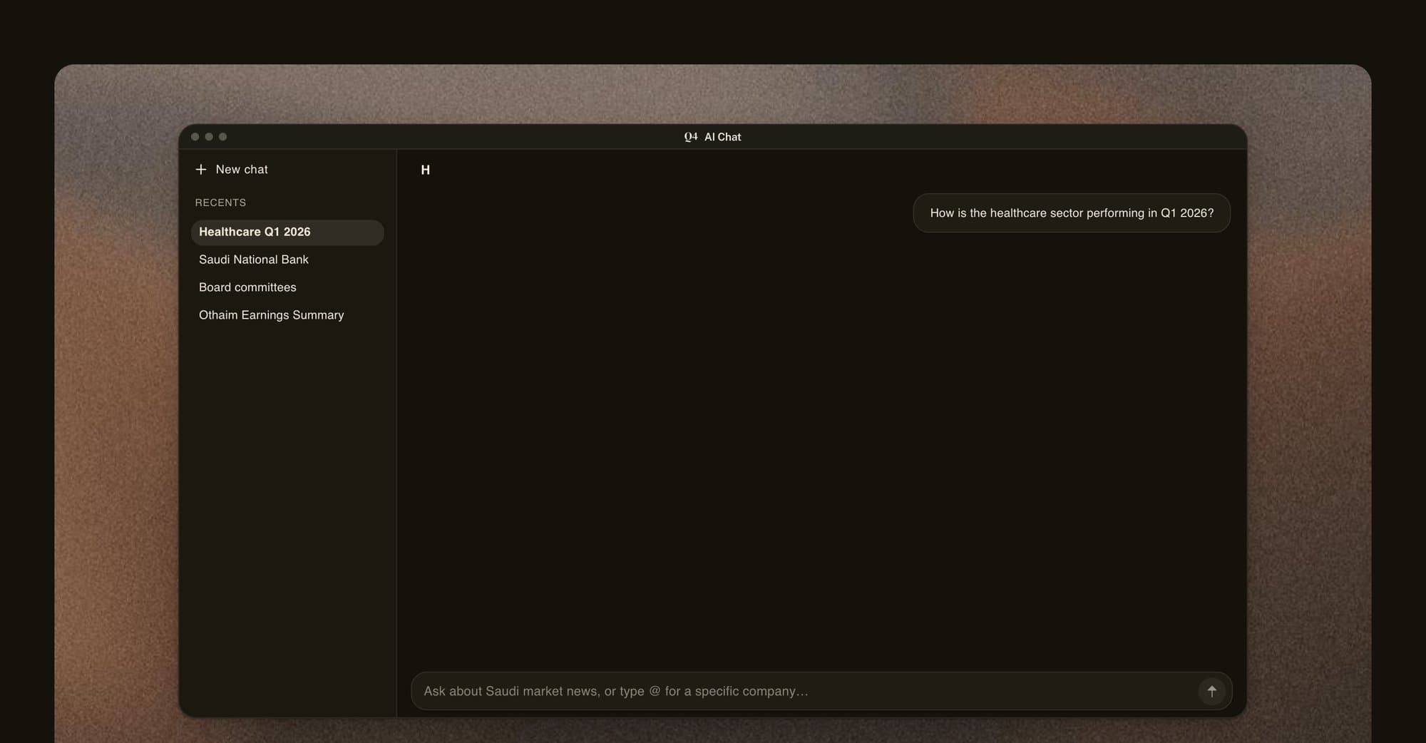 Q4 AI Chat with recent research threads in the sidebar.